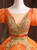 Prom Dress 2025 Orange Lace Applique Quinceanera Dresses Puffed Sleeve Sweet 15 Dresses 21379-unique elegant Prom Dresses-Orange-Custom Size-vigocouture