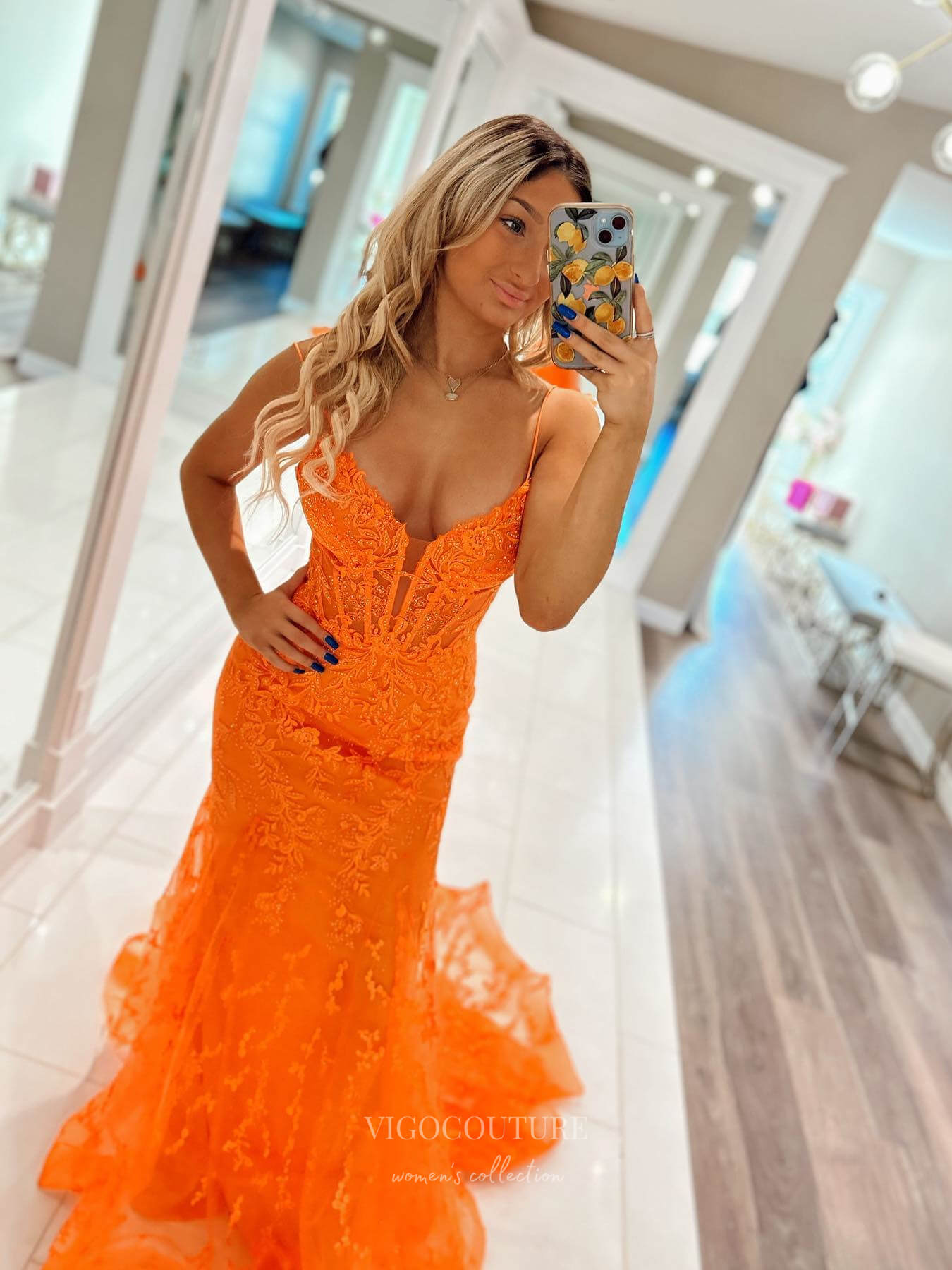 Orange Lace Mermaid Prom Dresses with Spaghetti Straps & V-Neck - 2409 vigocouture Orange Lace Mermaid Prom Dresses with Spaghetti Straps & V-Neck - 2409 vigocouture