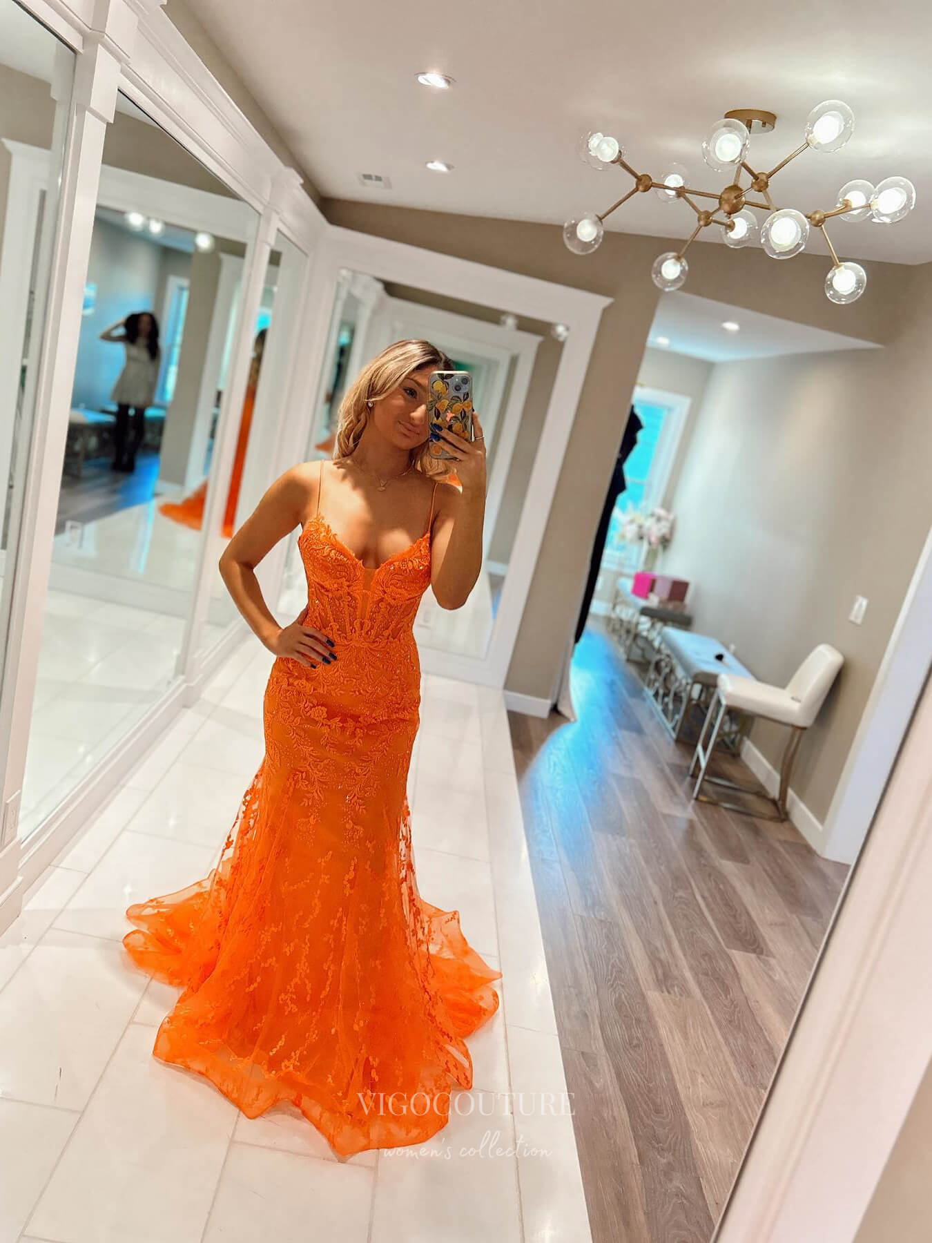 Prom Dress 2025 Orange Lace Applique Mermaid Prom Dresses Boned Bodice Spaghetti Strap 24092-unique elegant Prom Dresses-Orange-Custom Size-vigocouture