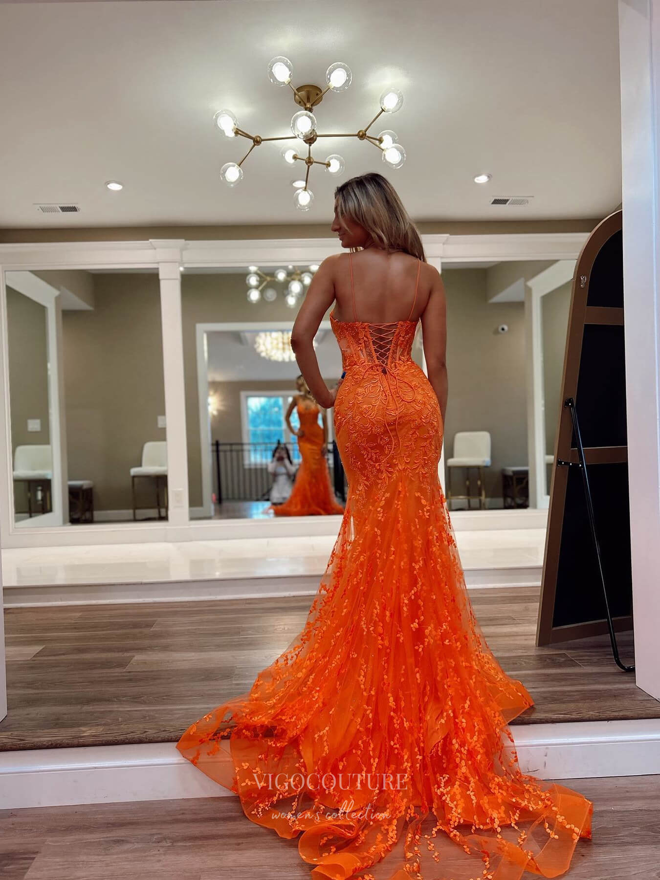 Prom Dress 2025 Orange Lace Applique Mermaid Prom Dresses Boned Bodice Spaghetti Strap 24092-unique elegant Prom Dresses-Orange-Custom Size-vigocouture