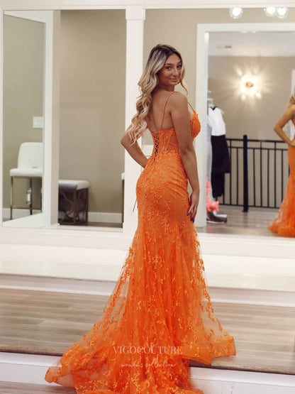 Orange Lace Mermaid Prom Dresses with Spaghetti Straps & V-Neck - 24092 Orange / 22w Orange Lace Mermaid Prom Dresses with Spaghetti Straps & V-Neck - 24092 Orange / 22w