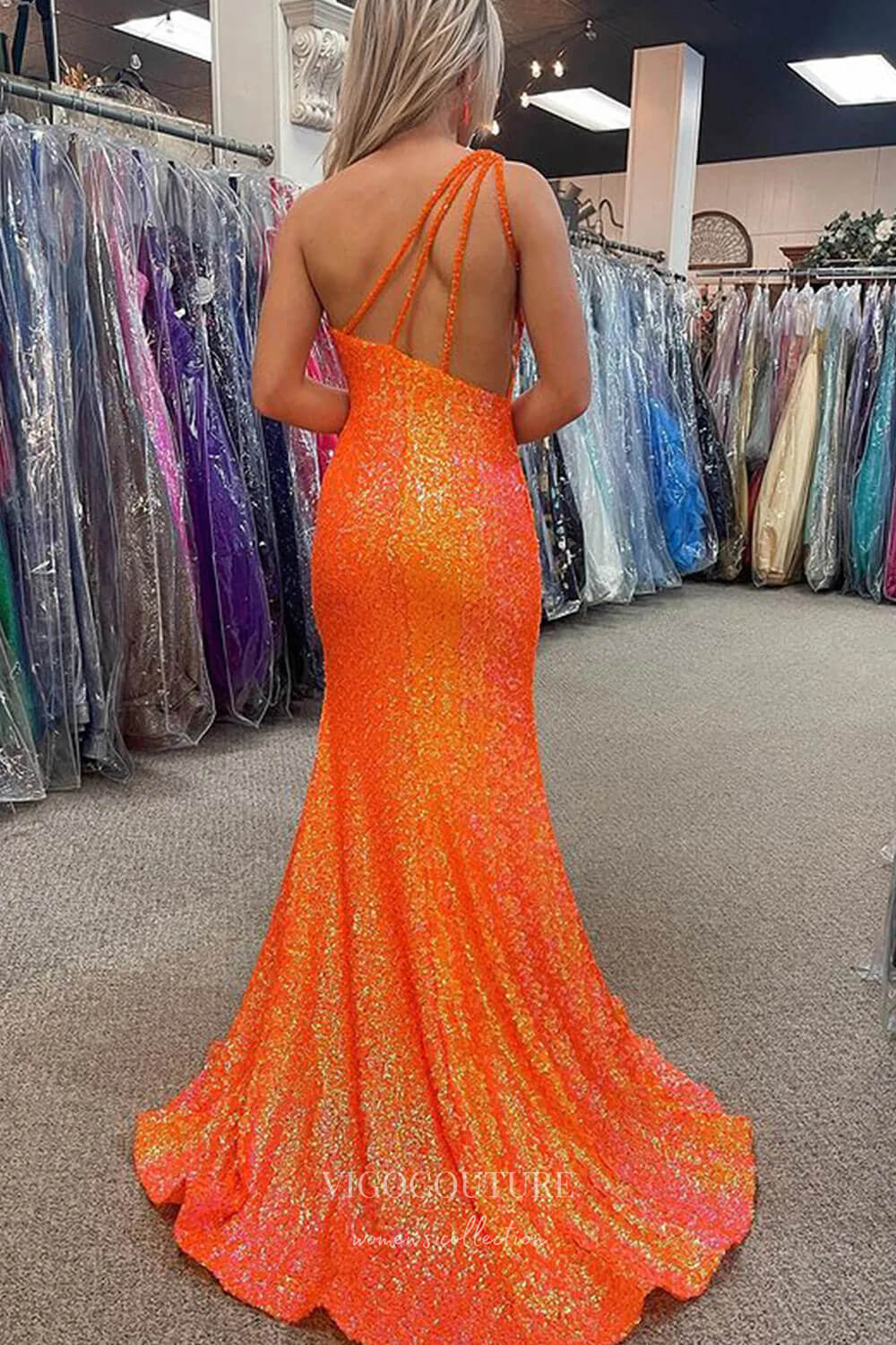 Prom Dress 2025 Orange Mermaid Sequin Prom Dress with One Shoulder and Slit 22221-unique elegant Prom Dresses-Orange-Custom Size-vigocouture