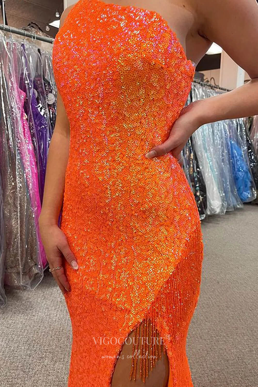 Prom Dress 2025 Orange Mermaid Sequin Prom Dress with One Shoulder and Slit 22221-unique elegant Prom Dresses-Orange-Custom Size-vigocouture