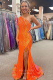 Prom Dress 2025 Orange Mermaid Sequin Prom Dress with One Shoulder and Slit 22221-unique elegant Prom Dresses-Orange-Custom Size-vigocouture