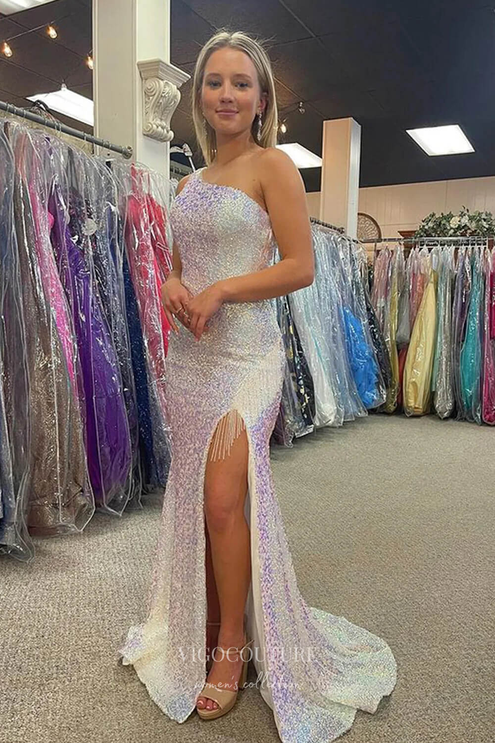 Orange Mermaid Sequin Prom Dress with One Shoulder and Slit 22221 vigocouture Orange Mermaid Sequin Prom Dress with One Shoulder and Slit 22221 vigocouture