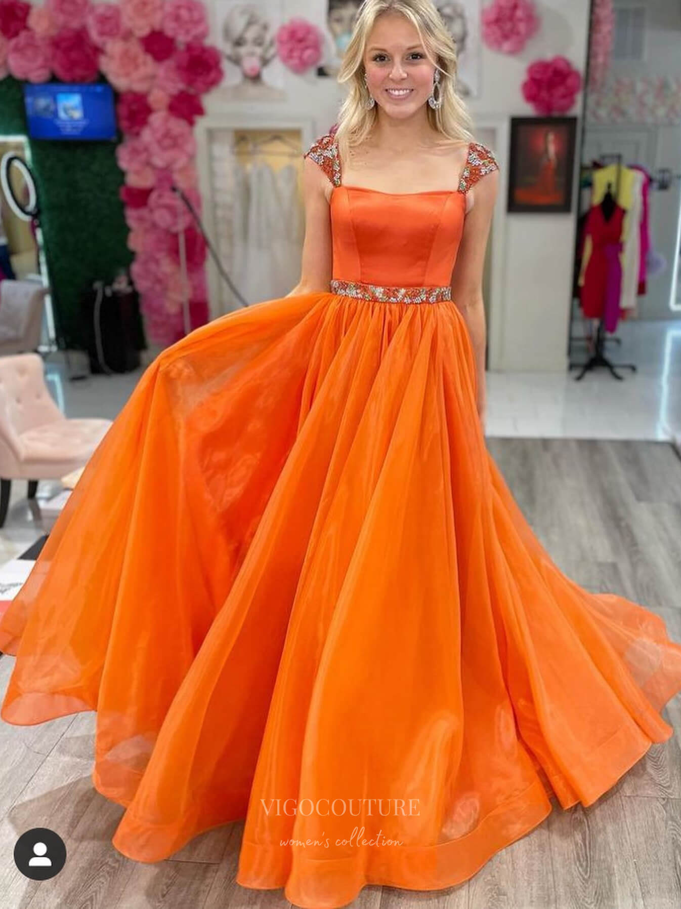 Prom Dress 2025 Orange Organza Cheap Prom Dresses Beaded Shoulder and Waist 24341-unique elegant Prom Dresses-Orange-Custom Size-vigocouture