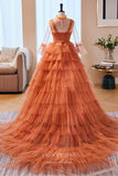 Prom Dress 2025 Orange Pleated Bodice Tulle Ball Gown - Removable Long Sleeves Included 22274-unique elegant Prom Dresses-Orange-Custom Size-vigocouture