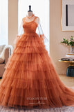 Prom Dress 2025 Orange Pleated Bodice Tulle Ball Gown - Removable Long Sleeves Included 22274-unique elegant Prom Dresses-Orange-Custom Size-vigocouture