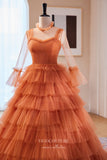 Prom Dress 2025 Orange Pleated Bodice Tulle Ball Gown - Removable Long Sleeves Included 22274-unique elegant Prom Dresses-Orange-Custom Size-vigocouture