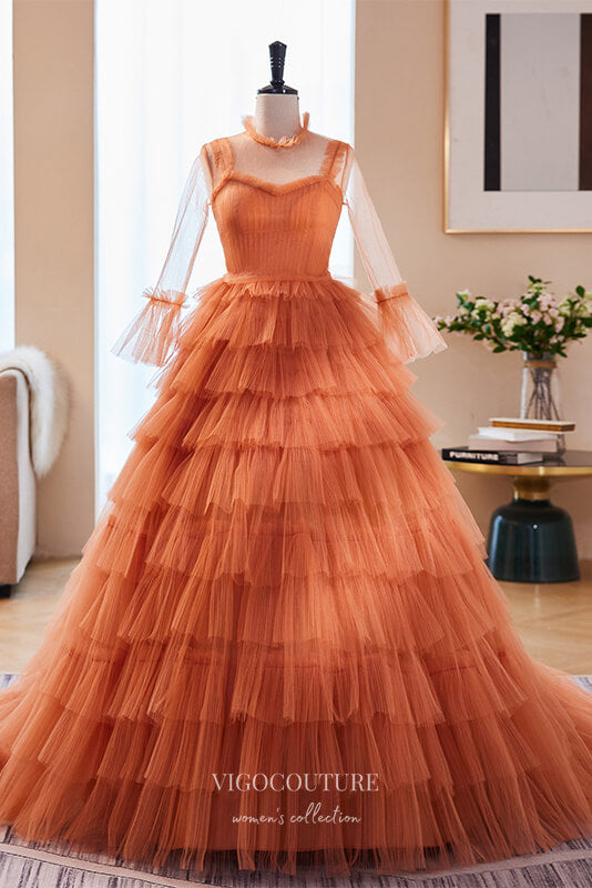 Prom Dress 2025 Orange Pleated Bodice Tulle Ball Gown - Removable Long Sleeves Included 22274-unique elegant Prom Dresses-Orange-Custom Size-vigocouture