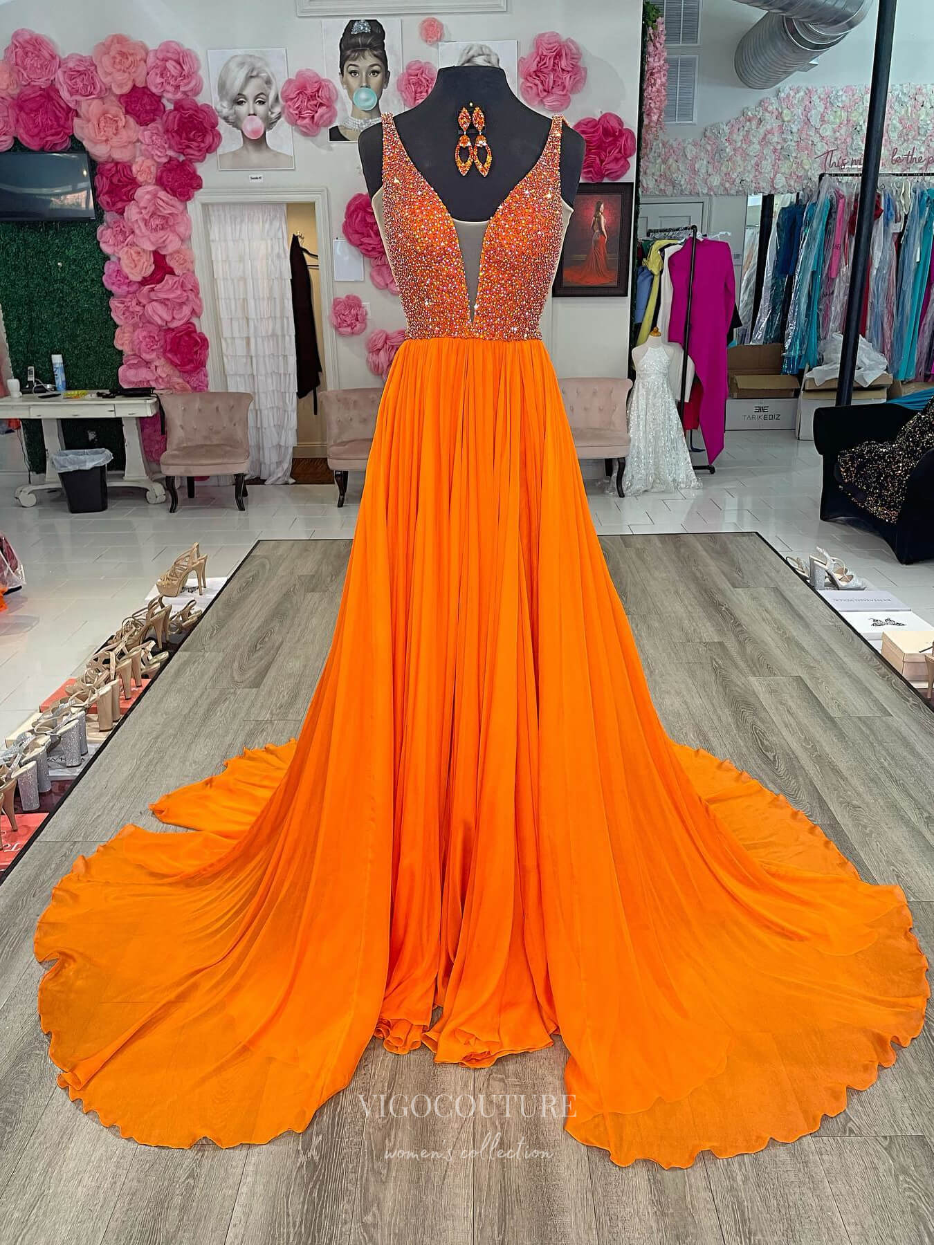 Prom Dress 2025 Orange Pleated Chiffon Prom Dresses with Slit Beaded Sheer Bodice Open Back 24144-unique elegant Prom Dresses-Orange-Custom Size-vigocouture