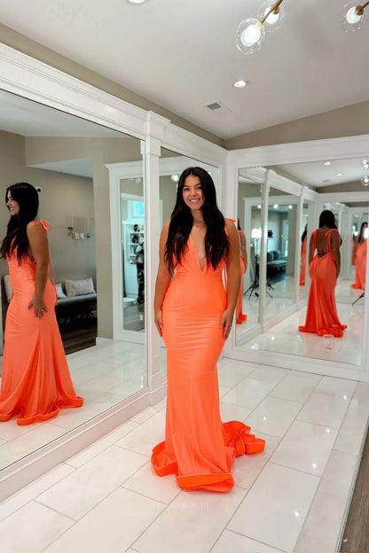 Prom Dresses 2025 to impress Orange Plunging V-Neck Backless Mermaid Prom Dress with Tie Straps & Ruched Back – 26077-vigocouture-vigocouture