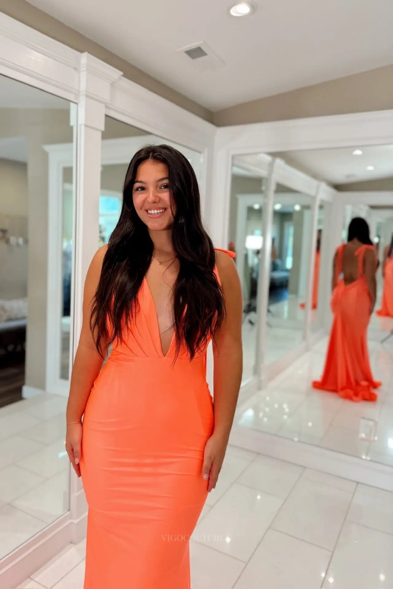 Prom Dresses 2025 to impress Orange Plunging V-Neck Backless Mermaid Prom Dress with Tie Straps & Ruched Back – 26077-vigocouture-vigocouture