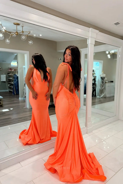 Prom Dresses 2025 to impress Orange Plunging V-Neck Backless Mermaid Prom Dress with Tie Straps & Ruched Back – 26077-vigocouture-vigocouture