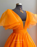 Prom Dress 2025 Orange Puffed Sleeve Prom Dresses Plunging V-Neck A-Line Evening Dress 21700-unique elegant Prom Dresses-Orange-US2-vigocouture