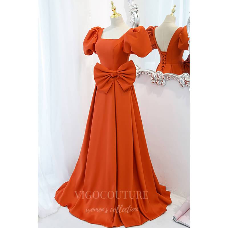 Prom Dress 2025 Orange Puffed Sleeve Prom Dresses Square Neck Party Dress 20519-unique elegant Prom Dresses-Orange-US2-vigocouture