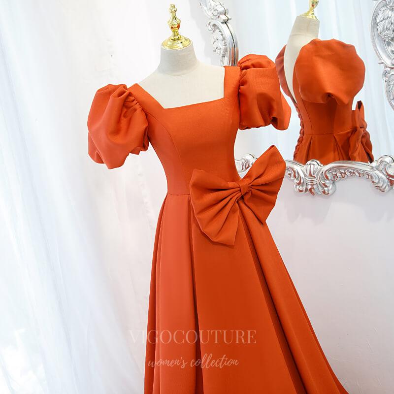 Prom Dress 2025 Orange Puffed Sleeve Prom Dresses Square Neck Party Dress 20519-unique elegant Prom Dresses-Orange-US2-vigocouture