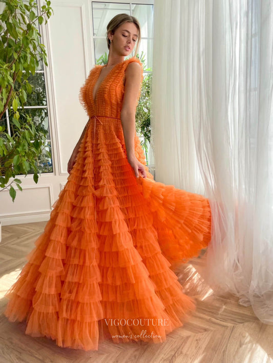 Prom Dress 2025 Orange Ruffled Prom Dresses Plunging V-Neck Formal Gown 24500-unique elegant Prom Dresses-Orange-Custom Size-vigocouture