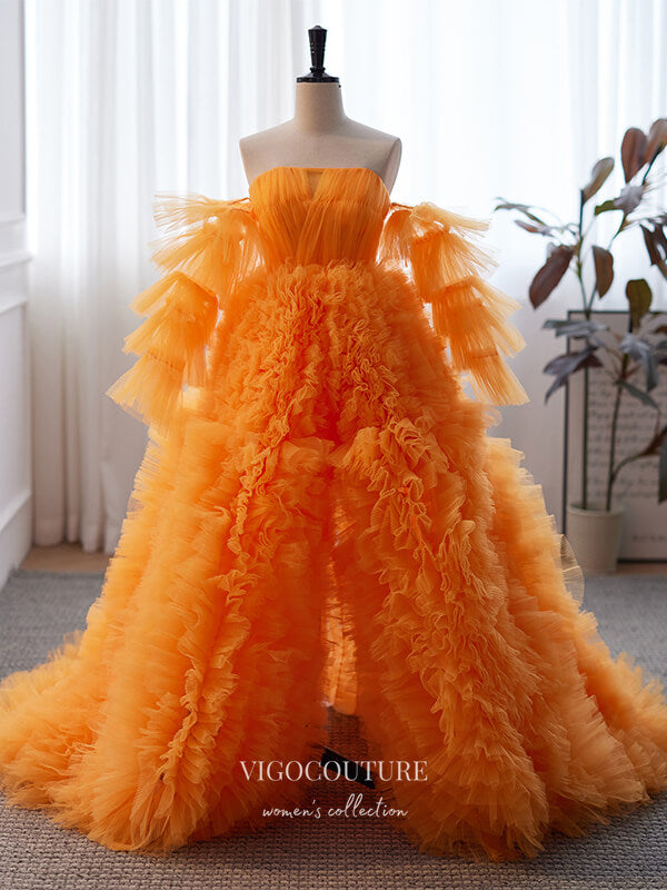Orange Ruffled Tulle Prom Dress with Removable Sleeves and High Slit 22295 Custom Colors / US0 Orange Ruffled Tulle Prom Dress with Removable Sleeves and High Slit 22295 Custom Colors / US0