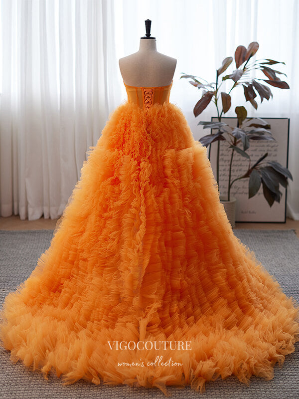 Prom Dress 2025 Orange Ruffled Tulle Prom Dress with Removable Sleeves and High Slit 22295-unique elegant Prom Dresses-Orange-Custom Size-vigocouture