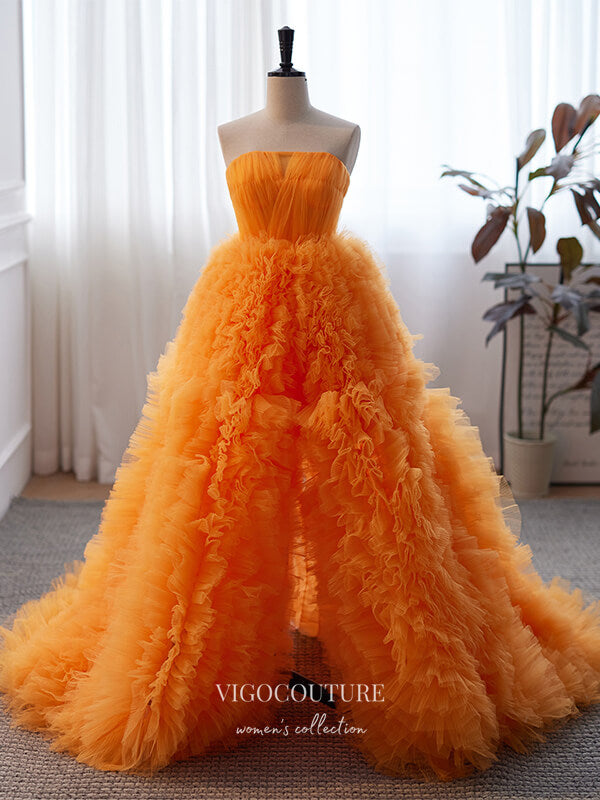 Prom Dress 2025 Orange Ruffled Tulle Prom Dress with Removable Sleeves and High Slit 22295-unique elegant Prom Dresses-Orange-Custom Size-vigocouture