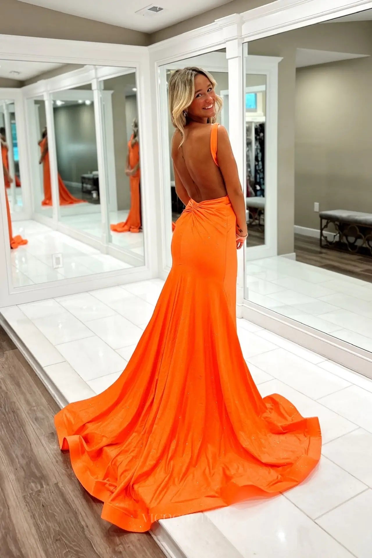 Orange Deep V Mermaid Prom Dress with High Slit & Backless YS007 vigocouture Orange Deep V Mermaid Prom Dress with High Slit & Backless YS007 vigocouture