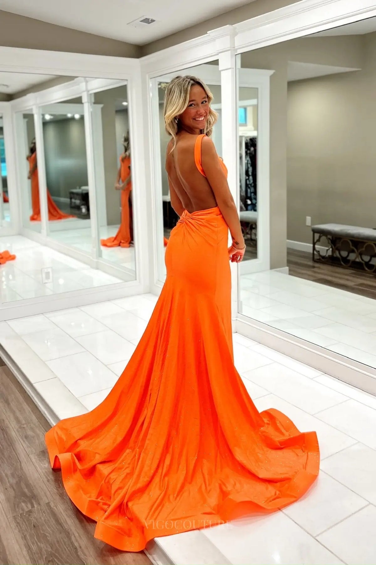deep v backless prom dress Orange Mermaid with High Slit & – YS007 Orange / US 8 lace side panel bridal dress Backless fashion hi-res stock COLOR:Grape impact finish of a