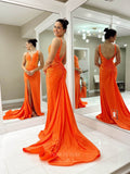 Prom Dress 2025 Orange Satin Mermaid Prom Dresses with Slit Plunging V-Neck Ruched Hip 24093-unique elegant Prom Dresses-Orange-Custom Size-vigocouture