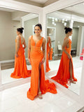 Prom Dress 2025 Orange Satin Mermaid Prom Dresses with Slit Plunging V-Neck Ruched Hip 24093-unique elegant Prom Dresses-Orange-Custom Size-vigocouture