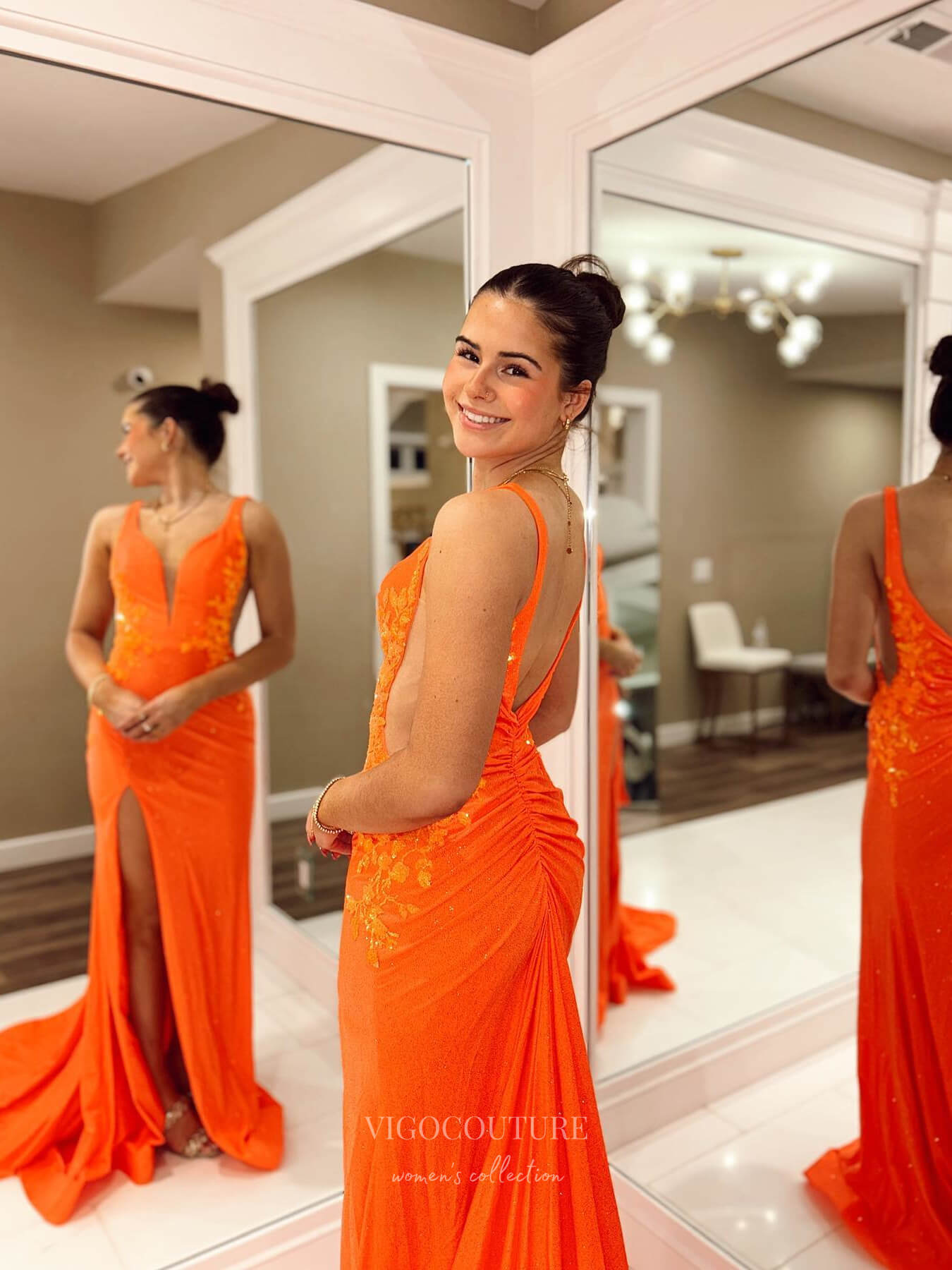 Prom Dress 2025 Orange Satin Mermaid Prom Dresses with Slit Plunging V-Neck Ruched Hip 24093-unique elegant Prom Dresses-Orange-Custom Size-vigocouture