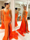 Orange Satin Mermaid Prom Dresses with Slit Plunging V-Neck Ruched Hip 24093