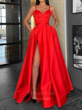 Orange Satin Prom Dresses with Slit Spaghetti Strap Formal Gown 20929