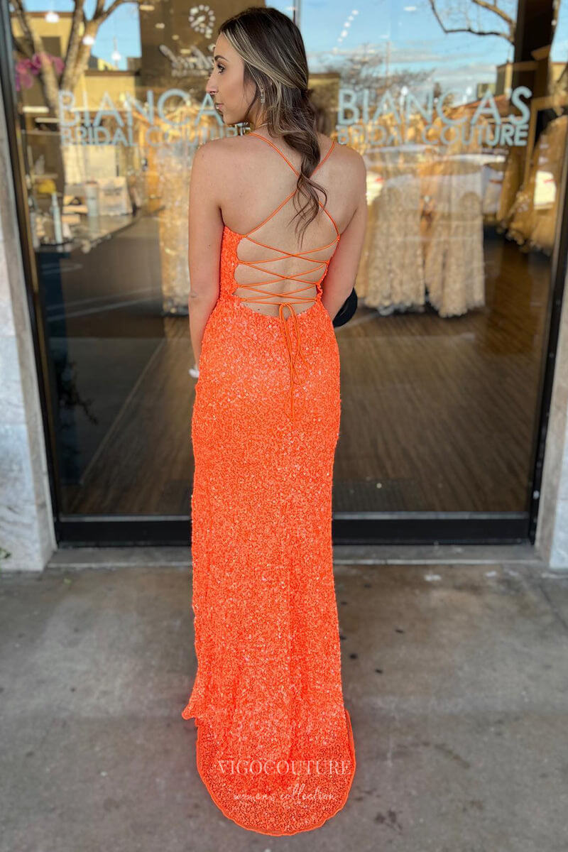 Orange Sequin Mermaid Prom Dresses with Slit Spaghetti Strap Lace Up B vigocouture Orange Sequin Mermaid Prom Dresses with Slit Spaghetti Strap Lace Up B vigocouture