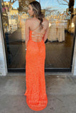 Prom Dress 2025 Orange Sequin Mermaid Prom Dresses with Slit Spaghetti Strap Lace Up Back 24208-unique elegant Prom Dresses-Orange-Custom Size-vigocouture