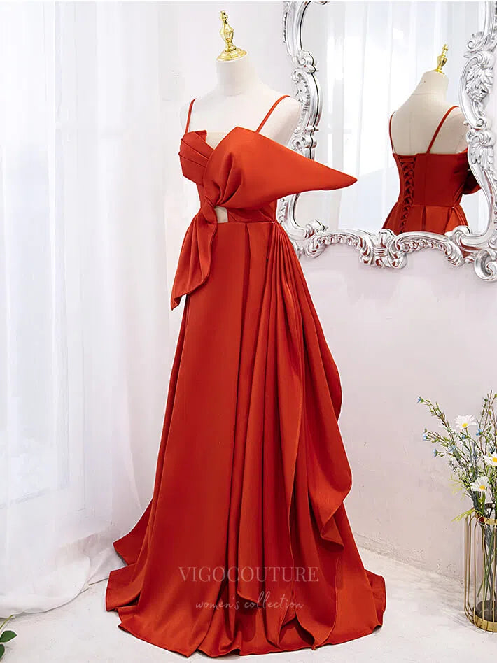 Prom Dress 2025 Orange Spaghetti Strap Satin With Bow A-Line Prom Dress 20864-B-unique elegant Prom Dresses-Orange-Custom Size-vigocouture