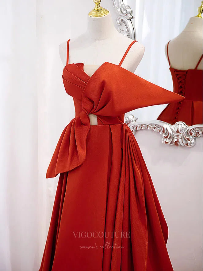 Prom Dress 2025 Orange Spaghetti Strap Satin With Bow A-Line Prom Dress 20864-B-unique elegant Prom Dresses-Orange-Custom Size-vigocouture