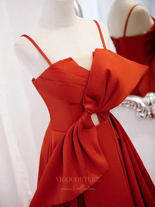 Prom Dress 2025 Orange Spaghetti Strap Satin With Bow A-Line Prom Dress 20864-B-unique elegant Prom Dresses-Orange-Custom Size-vigocouture