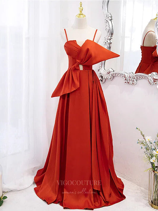 Prom Dress 2025 Orange Spaghetti Strap Satin With Bow A-Line Prom Dress 20864-B-unique elegant Prom Dresses-Orange-Custom Size-vigocouture