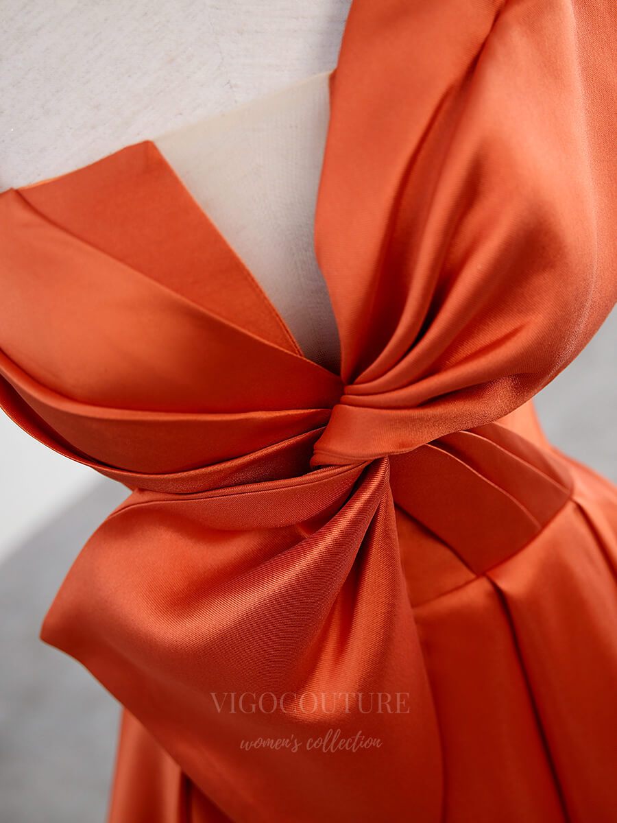 Prom Dress 2025 Orange Spaghetti Strap Satin With Bow Prom Dress 20642-unique elegant Prom Dresses-Orange-US2-vigocouture