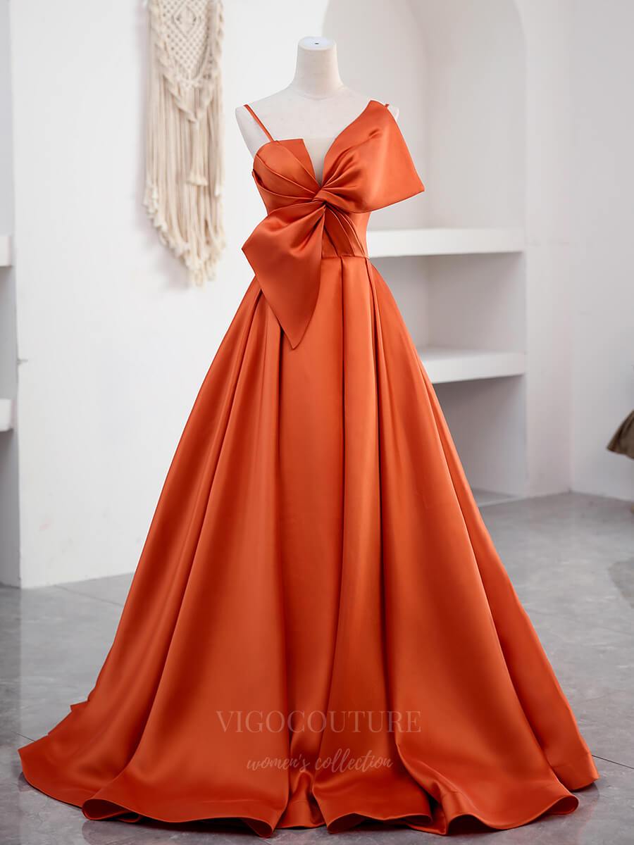 Prom Dress 2025 Orange Spaghetti Strap Satin With Bow Prom Dress 20642-unique elegant Prom Dresses-Orange-US2-vigocouture