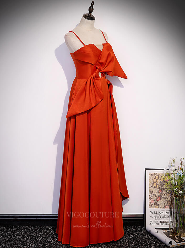 Prom Dress 2025 Orange Spaghetti Strap Satin With Bow Sheath Prom Dress 20864-A-unique elegant Prom Dresses-Orange-Custom Size-vigocouture