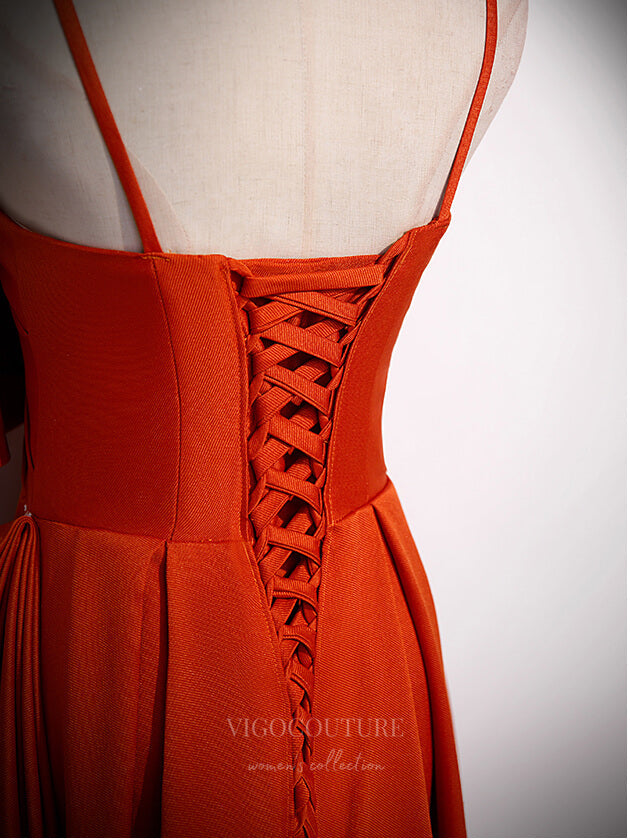 Prom Dress 2025 Orange Spaghetti Strap Satin With Bow Sheath Prom Dress 20864-A-unique elegant Prom Dresses-Orange-Custom Size-vigocouture