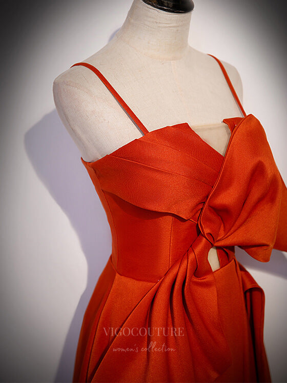 Prom Dress 2025 Orange Spaghetti Strap Satin With Bow Sheath Prom Dress 20864-A-unique elegant Prom Dresses-Orange-Custom Size-vigocouture