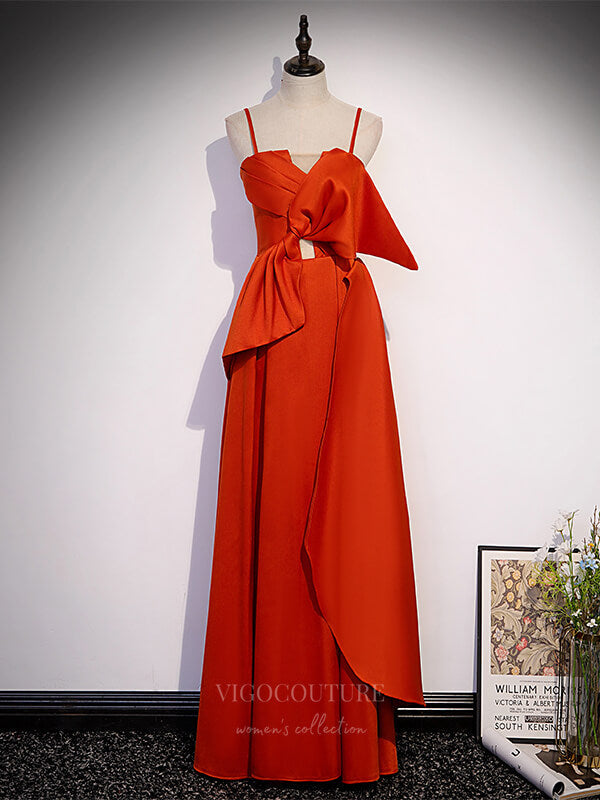 Prom Dress 2025 Orange Spaghetti Strap Satin With Bow Sheath Prom Dress 20864-A-unique elegant Prom Dresses-Orange-Custom Size-vigocouture