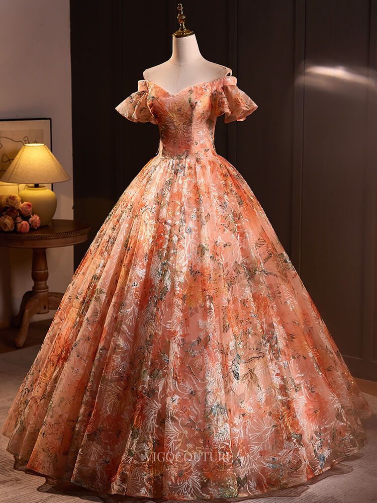 Orange Sparkly Lace Prom Dresses Off the Shoulder Quinceanera Dresses – vigocouture
