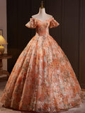 Orange Sparkly Lace Prom Dresses Off the Shoulder Quinceanera Dresses BG024