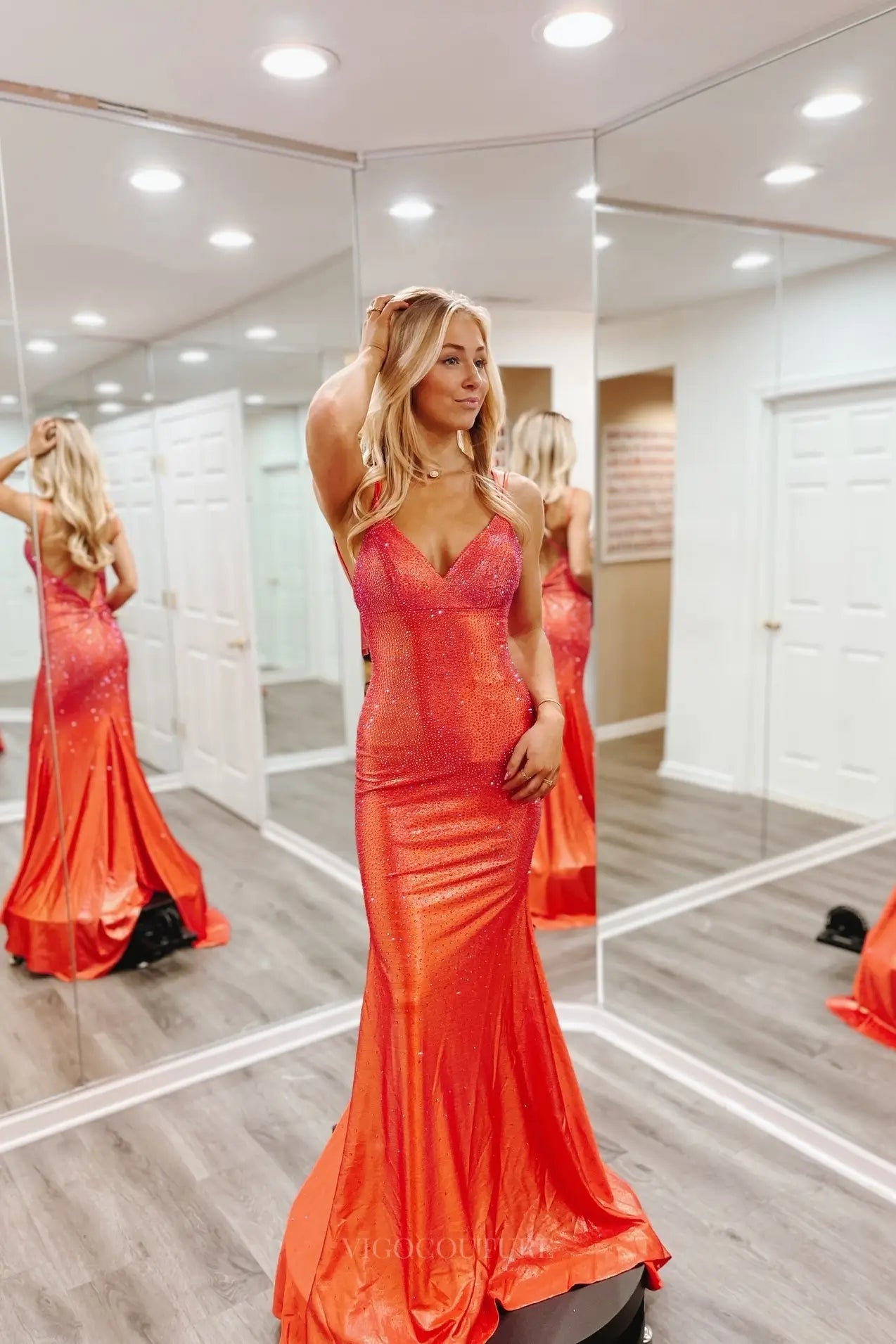 silk orange prom dress Orange Tulle Spaghetti Straps Prom Dresses With Lace, PL550