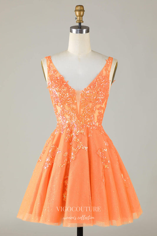 Short Prom Dresses 2025 Orange Sparkly V-Neck Homecoming Dresses Lace Applique Back to School Dress hc410-Prom Dresses-vigocouture-Orange-Custom Size-vigocouture