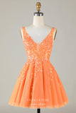 Orange Sparkly V-Neck Homecoming Dresses Lace Applique Back to School Dress hc410