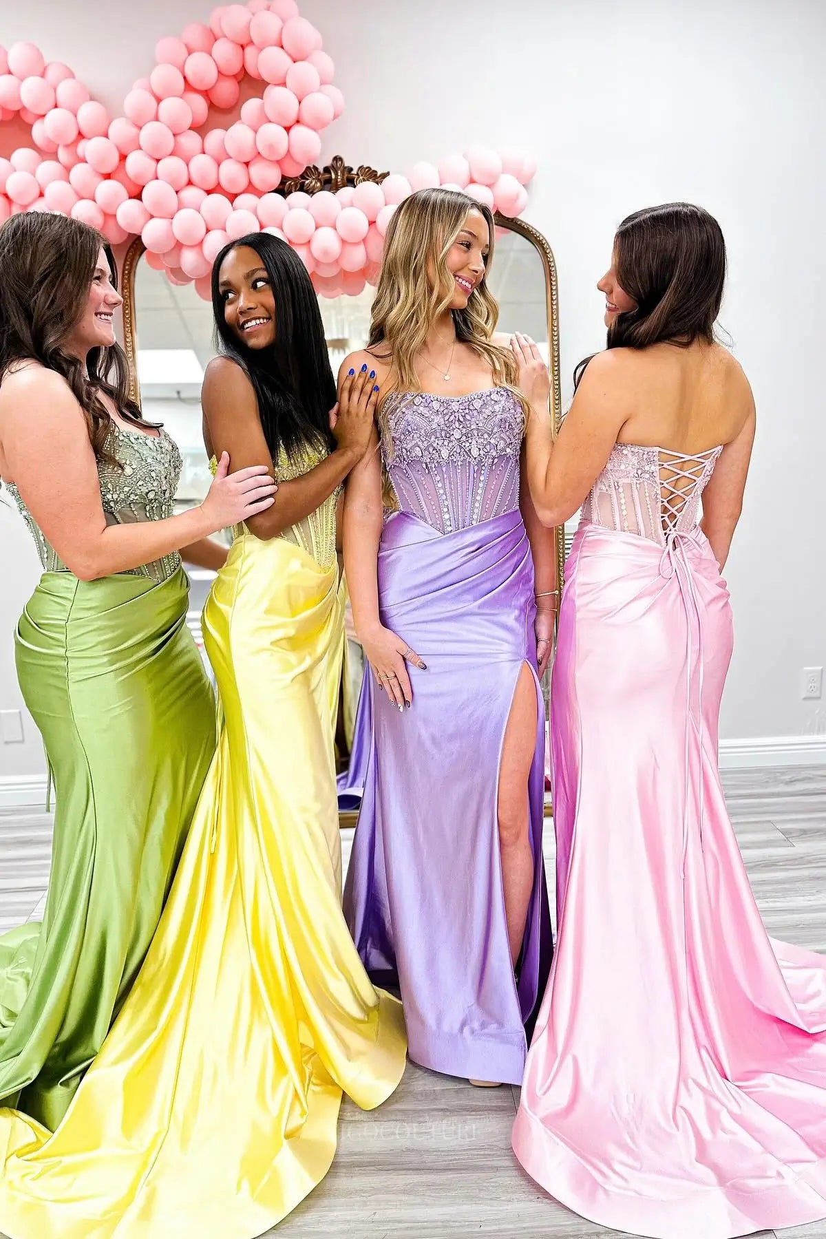 Prom Dresses 2025 to impress Pastel Beaded Strapless Satin Mermaid Prom Dress with High Slit – 26042-vigocouture-Custom Colors-Custom Size-vigocouture